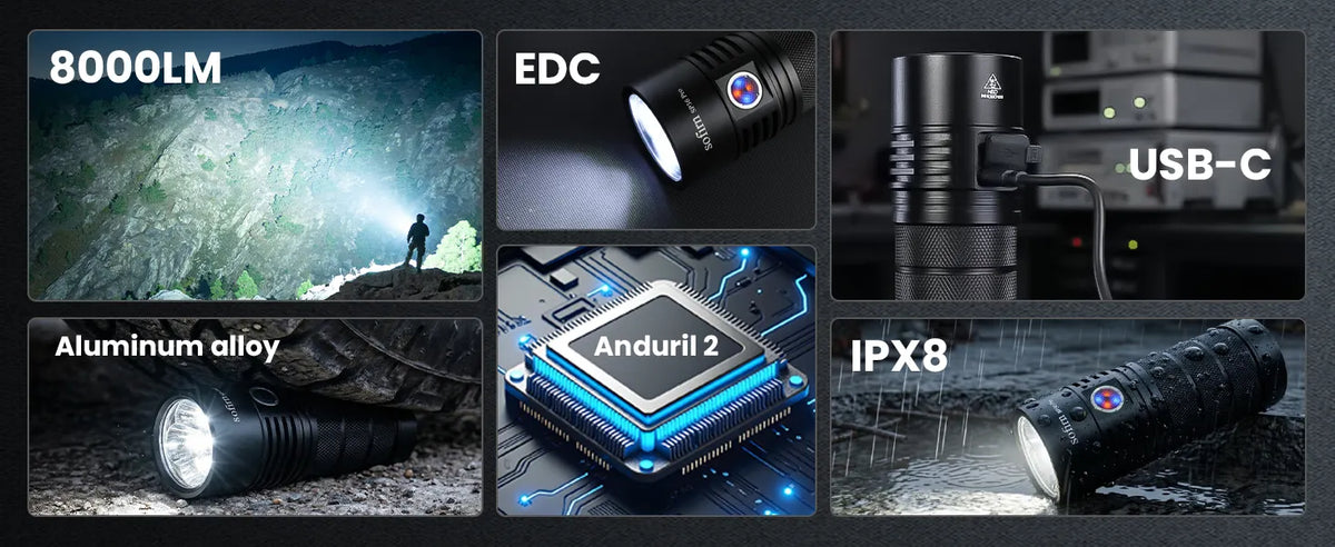 SP36 PRO 8000lm Powerful Flashlight 4SST40 LED Light USB C Rechargeable 18650 Torch with Anduril 2.0 UI