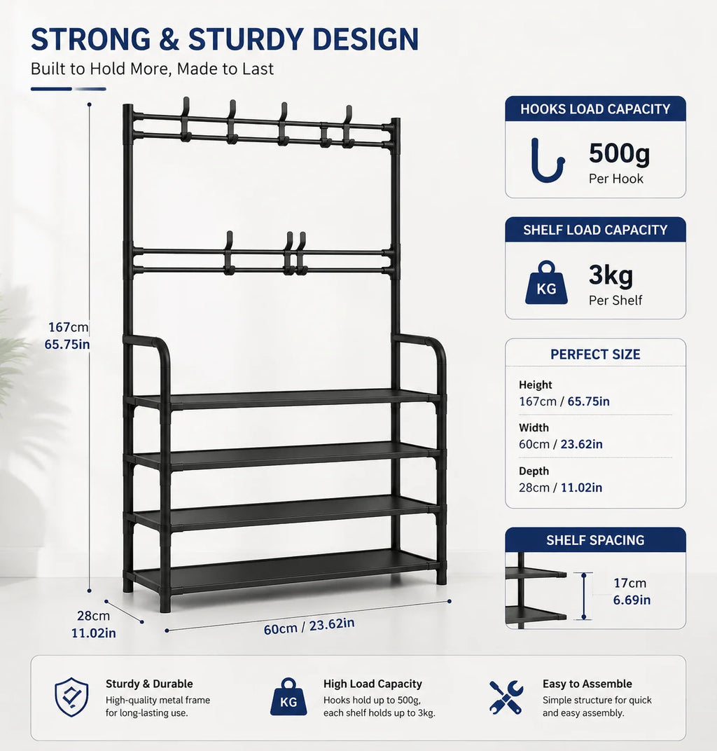 Folding Shoe Rack with Coat Rack, 4-in-1 Entryway Organizer with Storage Bench, Multi-Layer Shoe Shelf with Hooks for Clothes Bags Hats, Space Saving Hallway Storage Furniture