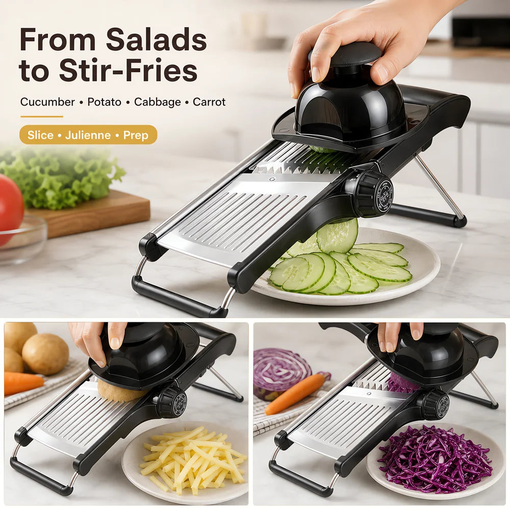 Adjustable Mandoline Slicer with Food Holder, Stainless Steel Kitchen Vegetable Slicer, Julienne Cutter Blade for Home Cooking