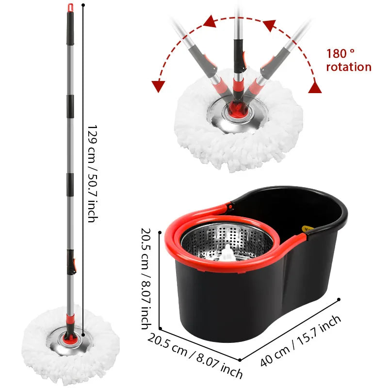 Spin Mop Bucket Set 360° Rotating Floor Cleaning Mop System with Microfiber Mop Heads Stainless Steel Wringer for Home Hardwood Tile Floors
