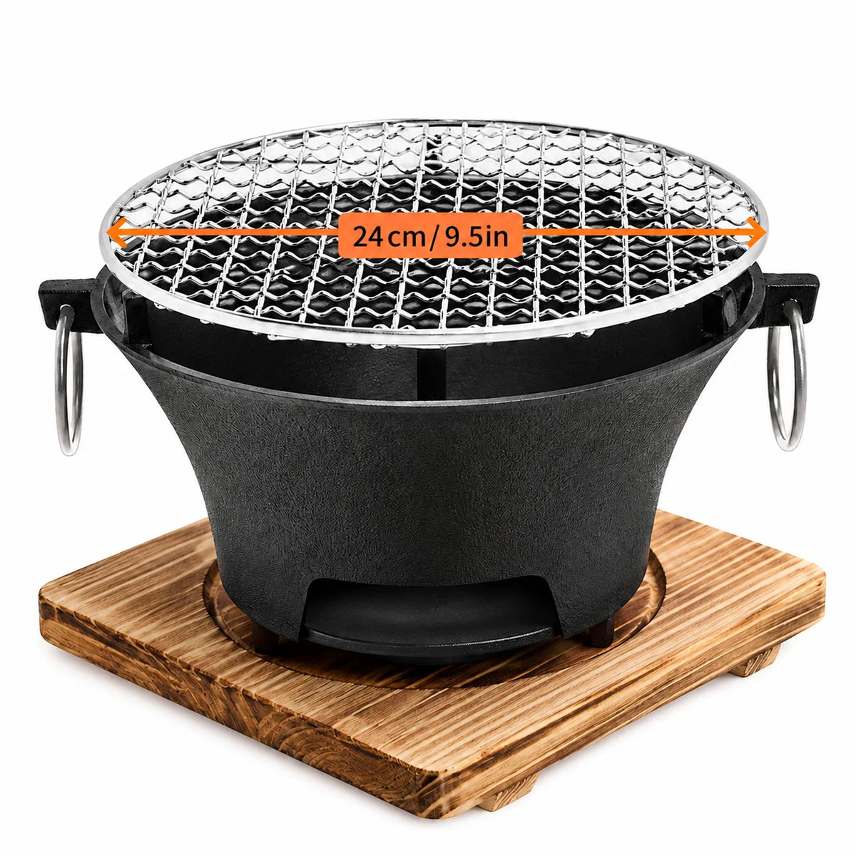 Zoe KL1 Portable Charcoal Grill Mini Tabletop BBQ Cast Iron Body Stainless Steel Removable Grill Net Heat-Resistant Wooden Base Silver Carry Rings Outdoor Picnic and Backyard Cooking