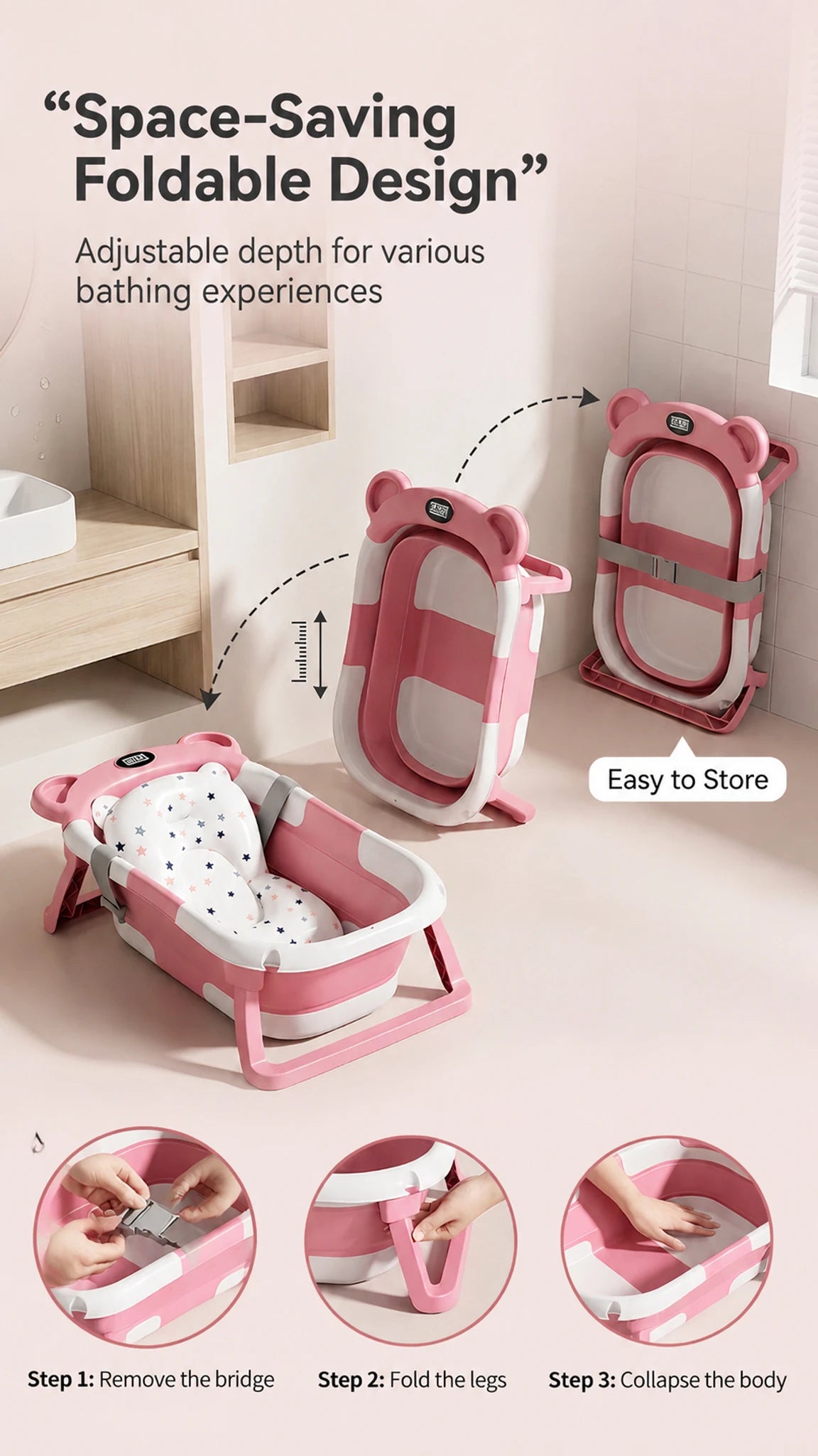UBRAVOO Foldable Baby Bathtub Set with Temperature Display, Newborn and Infant Tub