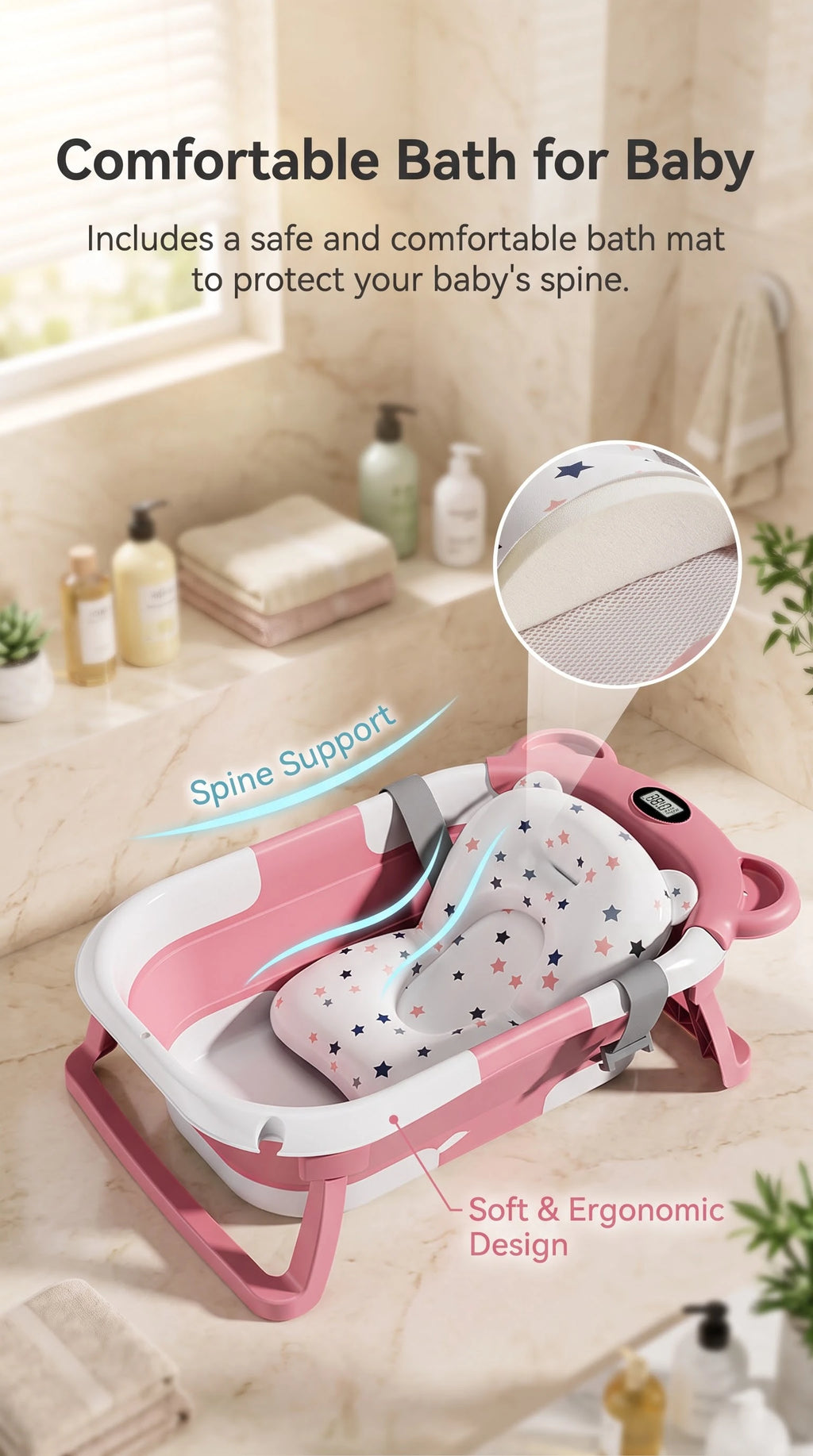 UBRAVOO Foldable Baby Bathtub Set with Temperature Display, Newborn and Infant Tub