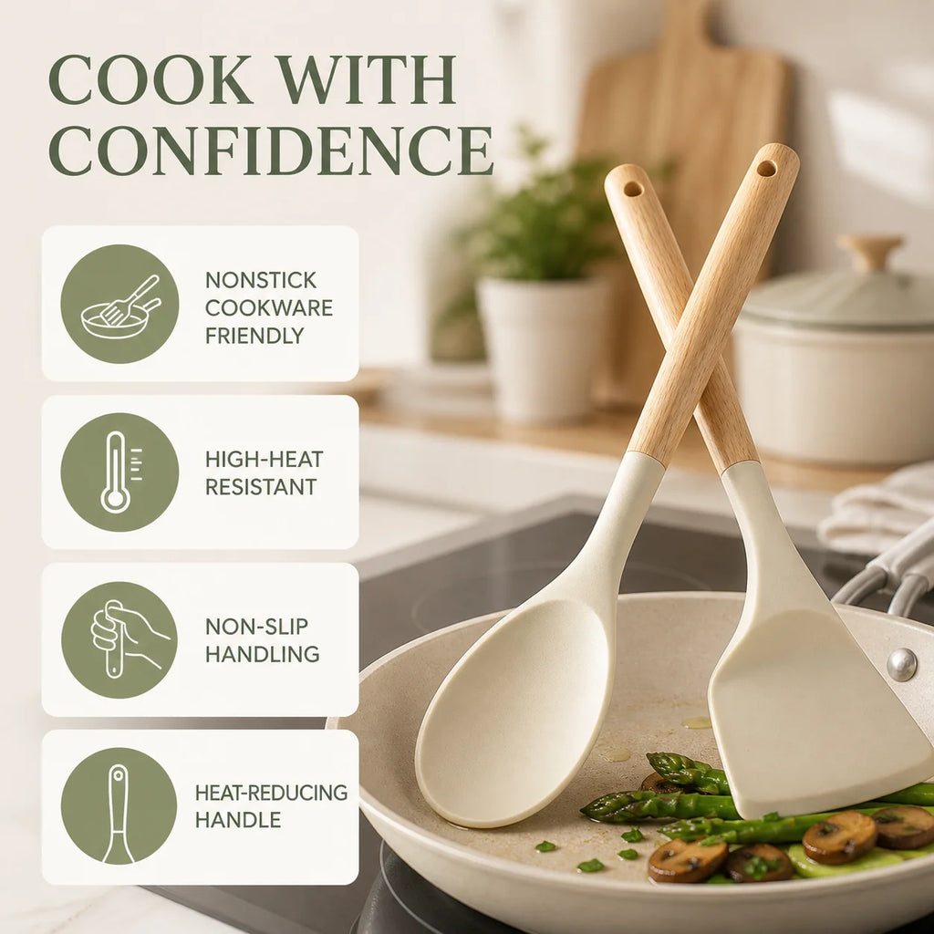 Cream Silicone Cooking Utensils Set with Wooden Handle Heat Resistant Kitchen Tool Set for Nonstick Cookware Best 2026