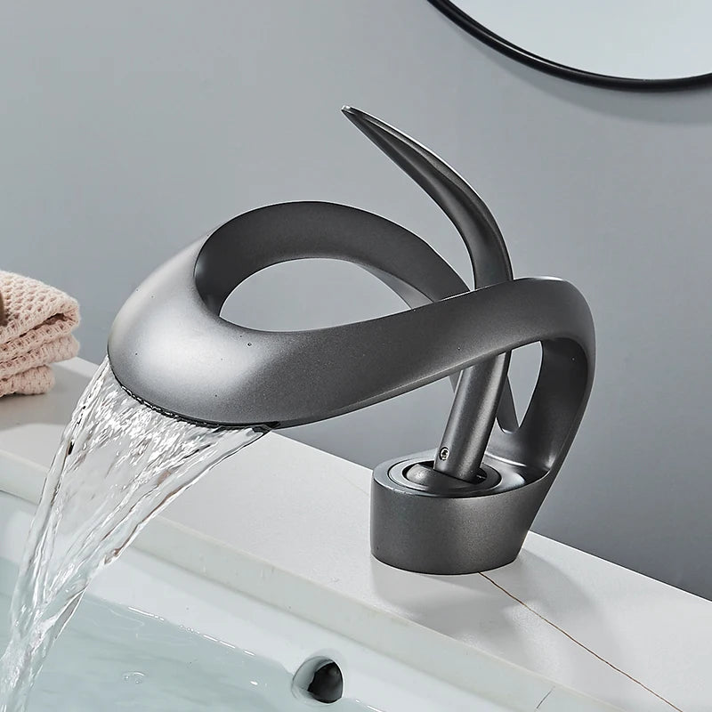 Solid Brass Waterfall Bathroom Sink Faucet, Single Handle Hot and Cold Mixer Tap
