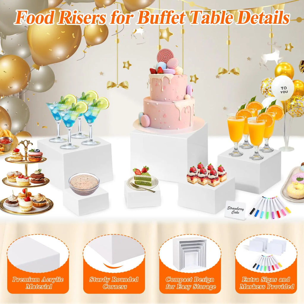 Acrylic Buffet Risers Stand with Mini Sign And Maker Food Display Elevation for Parties Weddings Home Decor