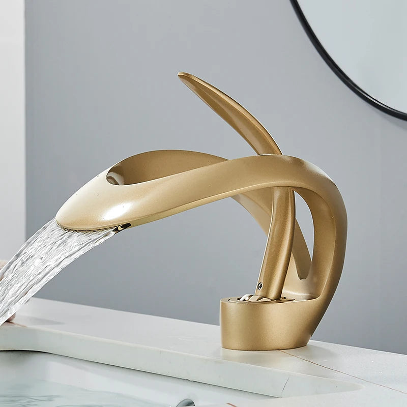 Solid Brass Waterfall Bathroom Sink Faucet, Single Handle Hot and Cold Mixer Tap