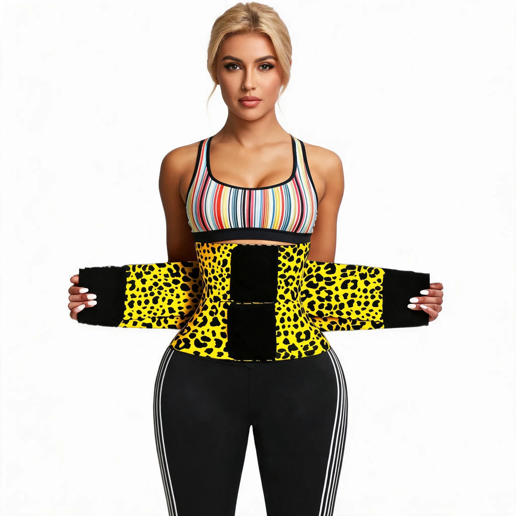 Women Red Leopard Waist Trainer Double Strap Tummy Control Corset Sauna Sweat Belt Fitness Body Shaper Fajas Reductoras