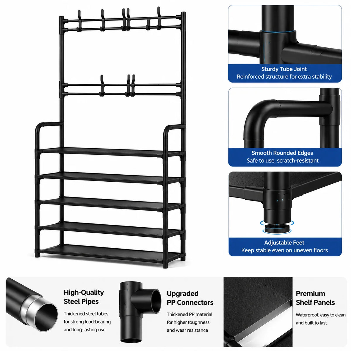 Folding Shoe Rack with Coat Rack, 4-in-1 Entryway Organizer with Storage Bench, Multi-Layer Shoe Shelf with Hooks for Clothes Bags Hats, Space Saving Hallway Storage Furniture