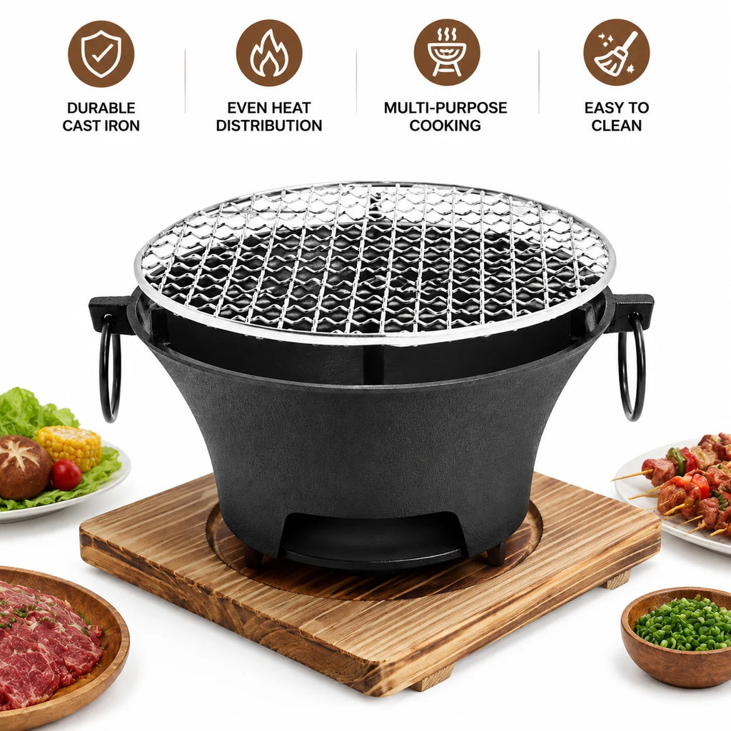 Zoe KL1 Portable Charcoal Grill Mini Tabletop BBQ Cast Iron Body Stainless Steel Removable Grill Net Heat-Resistant Wooden Base Silver Carry Rings Outdoor Picnic and Backyard Cooking