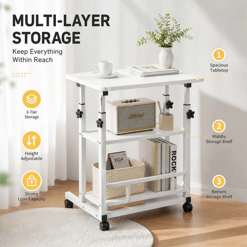 Adjustable Rolling Side Table with 3-Tier Storage