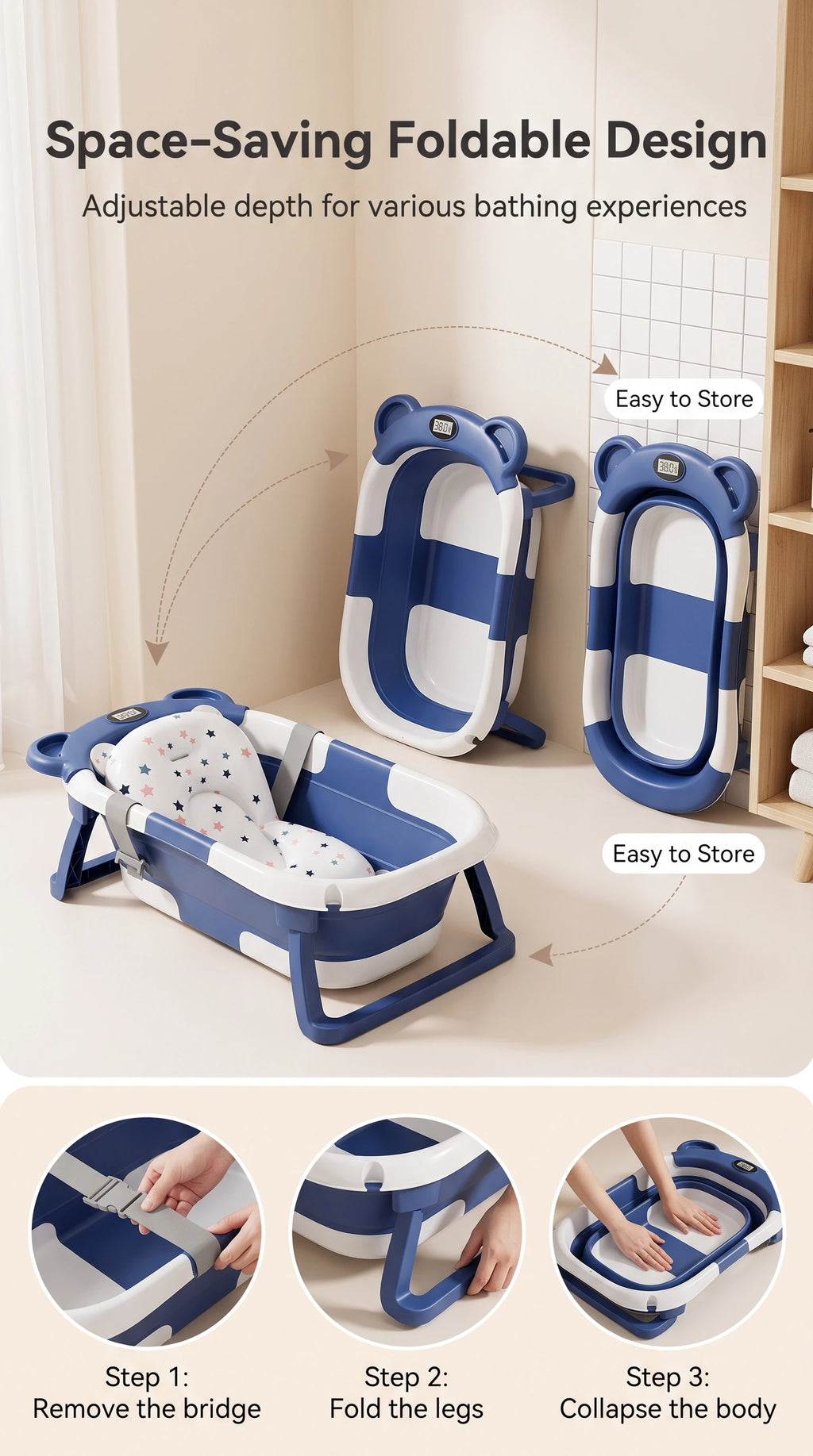 UBRAVOO Foldable Baby Bathtub Set with Temperature Display, Newborn and Infant Tub