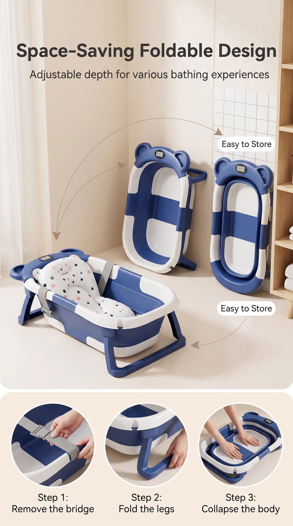UBRAVOO Foldable Baby Bathtub Set with Temperature Display, Newborn and Infant Tub