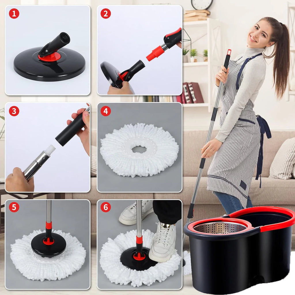 Spin Mop Bucket Set 360° Rotating Floor Cleaning Mop System with Microfiber Mop Heads Stainless Steel Wringer for Home Hardwood Tile Floors