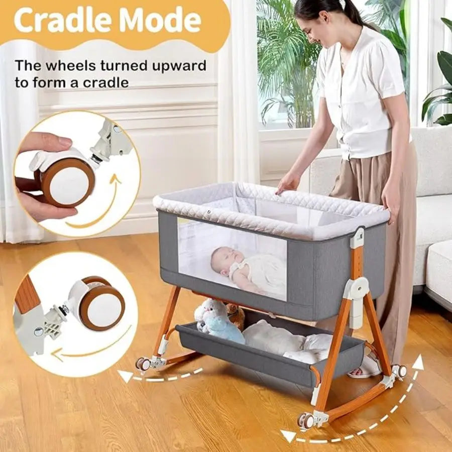 3 in 1 Portable Baby Bassinet, Foldable Bedside Crib with Rocking and 6 Adjustable Heights, Travel Crib with Wheels