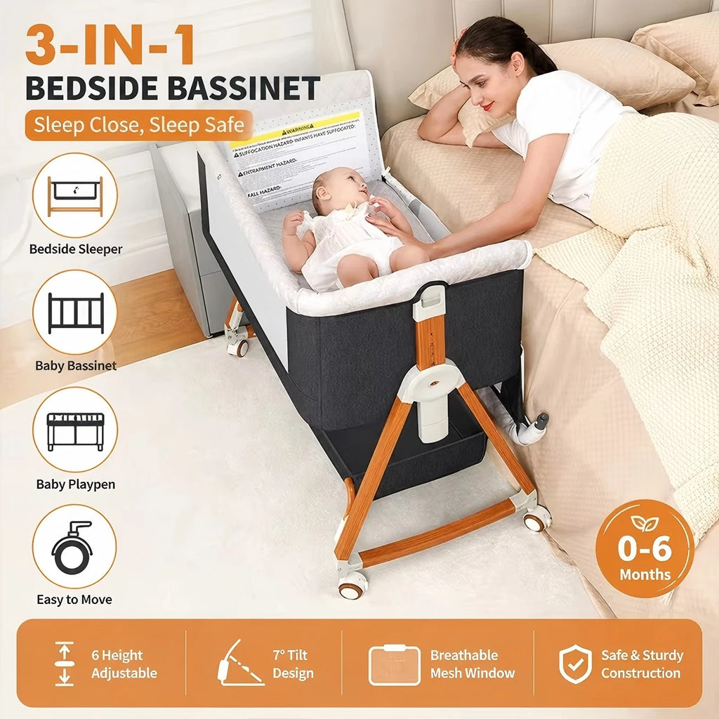 3 in 1 Portable Baby Bassinet, Foldable Bedside Crib with Rocking and 6 Adjustable Heights, Travel Crib with Wheels
