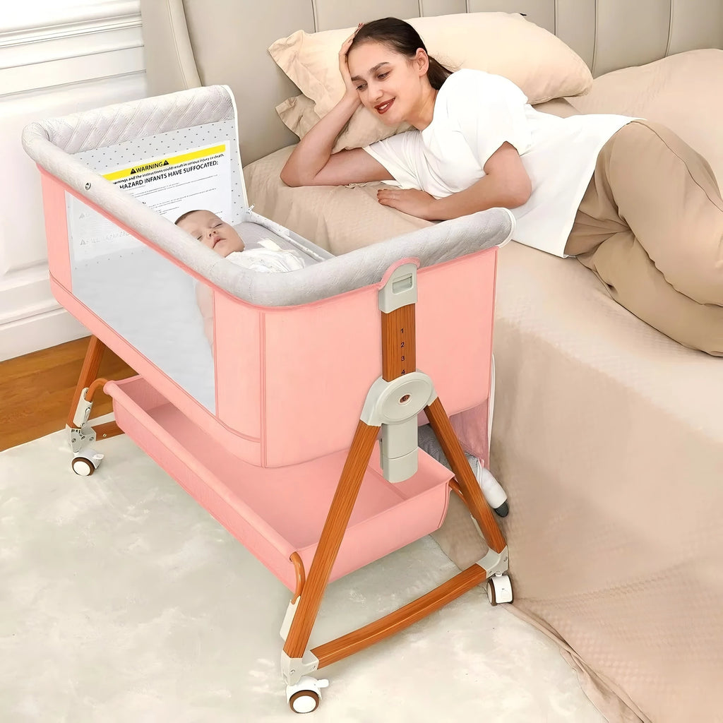 3 in 1 Portable Baby Bassinet, Foldable Bedside Crib with Rocking and 6 Adjustable Heights, Travel Crib with Wheels