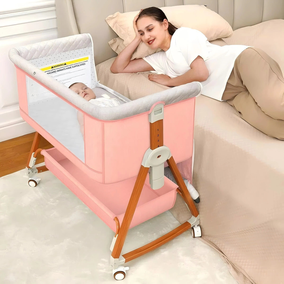 3 in 1 Portable Baby Bassinet, Foldable Bedside Crib with Rocking and 6 Adjustable Heights, Travel Crib with Wheels
