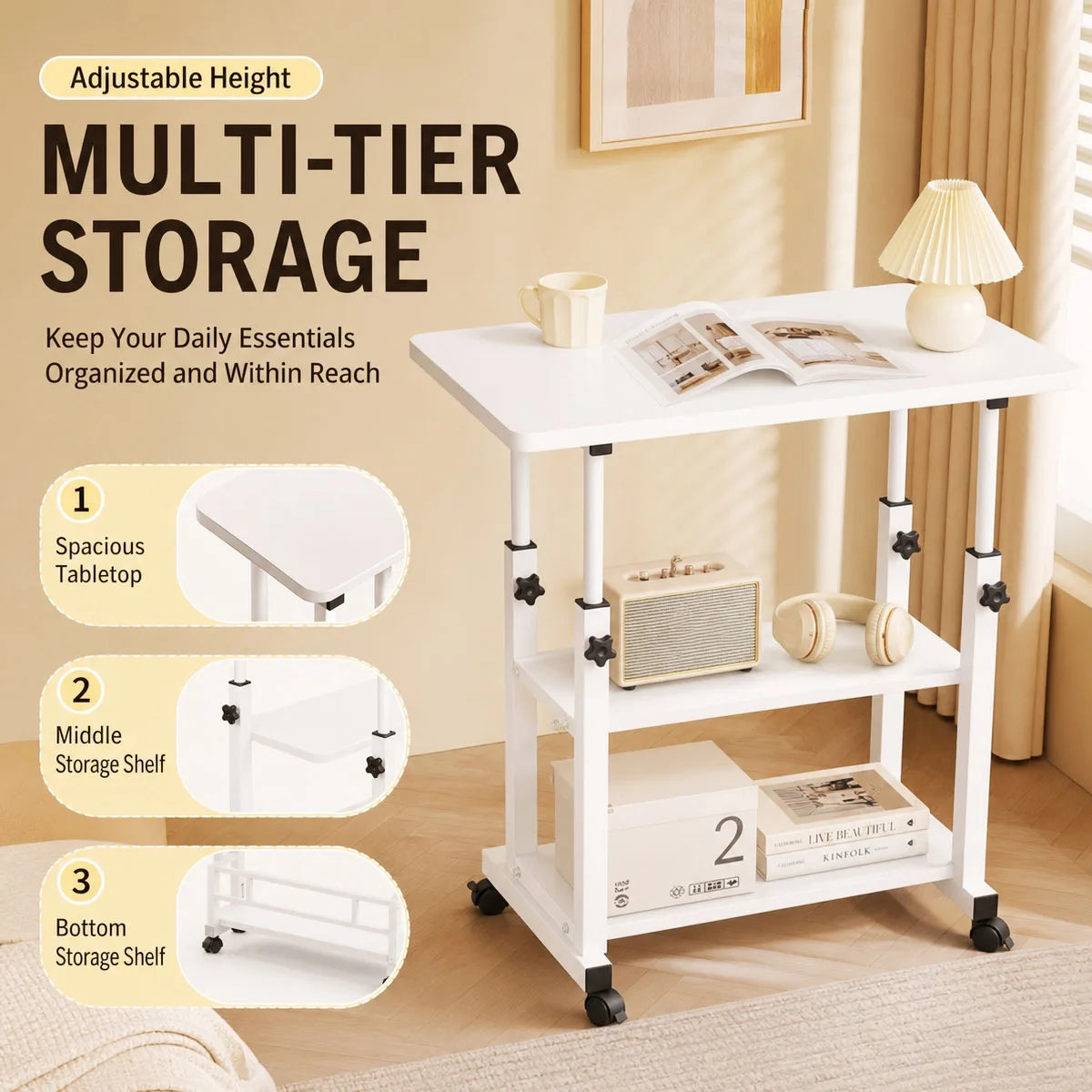 Adjustable Rolling Side Table with 3-Tier Storage