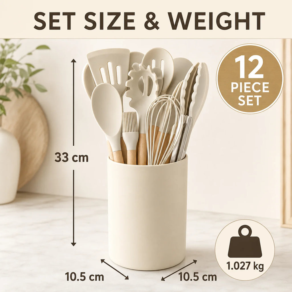 Cream Silicone Cooking Utensils Set with Wooden Handle Heat Resistant Kitchen Tool Set for Nonstick Cookware Best 2026