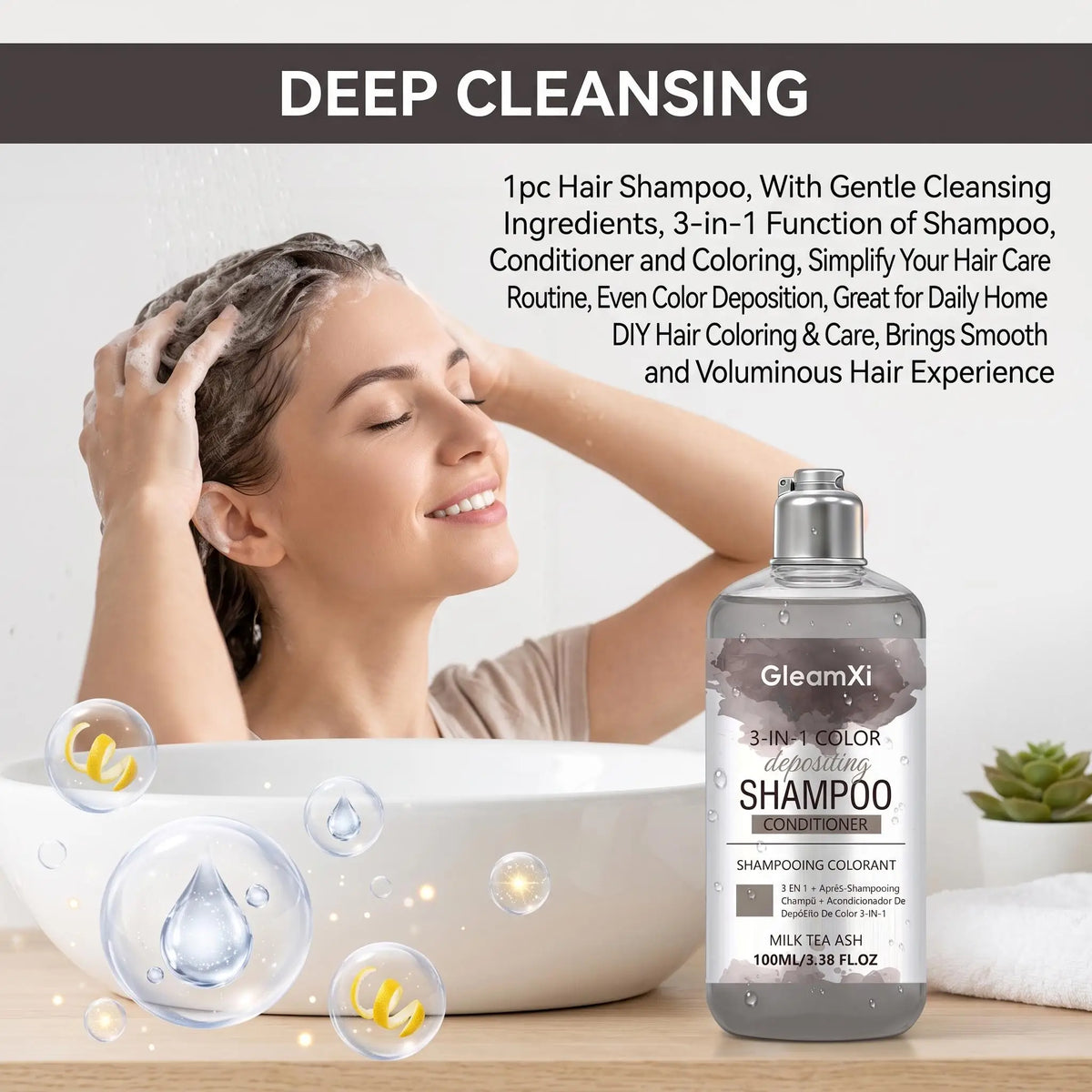 3 in 1 Hair Dye Shampoo for Gray Coverage Natural Herbal Ingredients Milk Tea Ash Brown Long-Lasting Color Deep Nourishing Cleaning Semi-Permanent Hair Color Shampoo