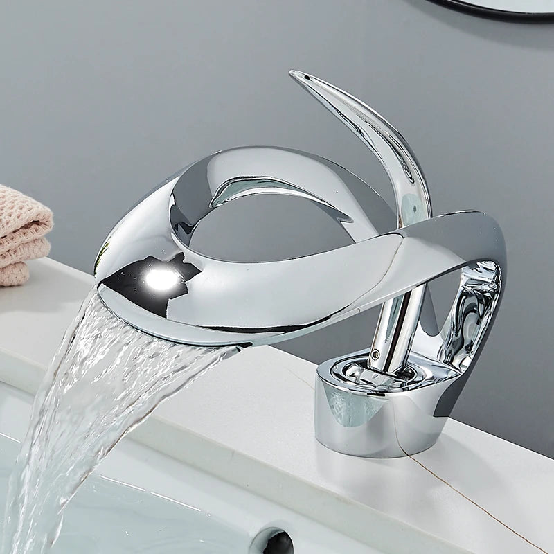 Solid Brass Waterfall Bathroom Sink Faucet, Single Handle Hot and Cold Mixer Tap
