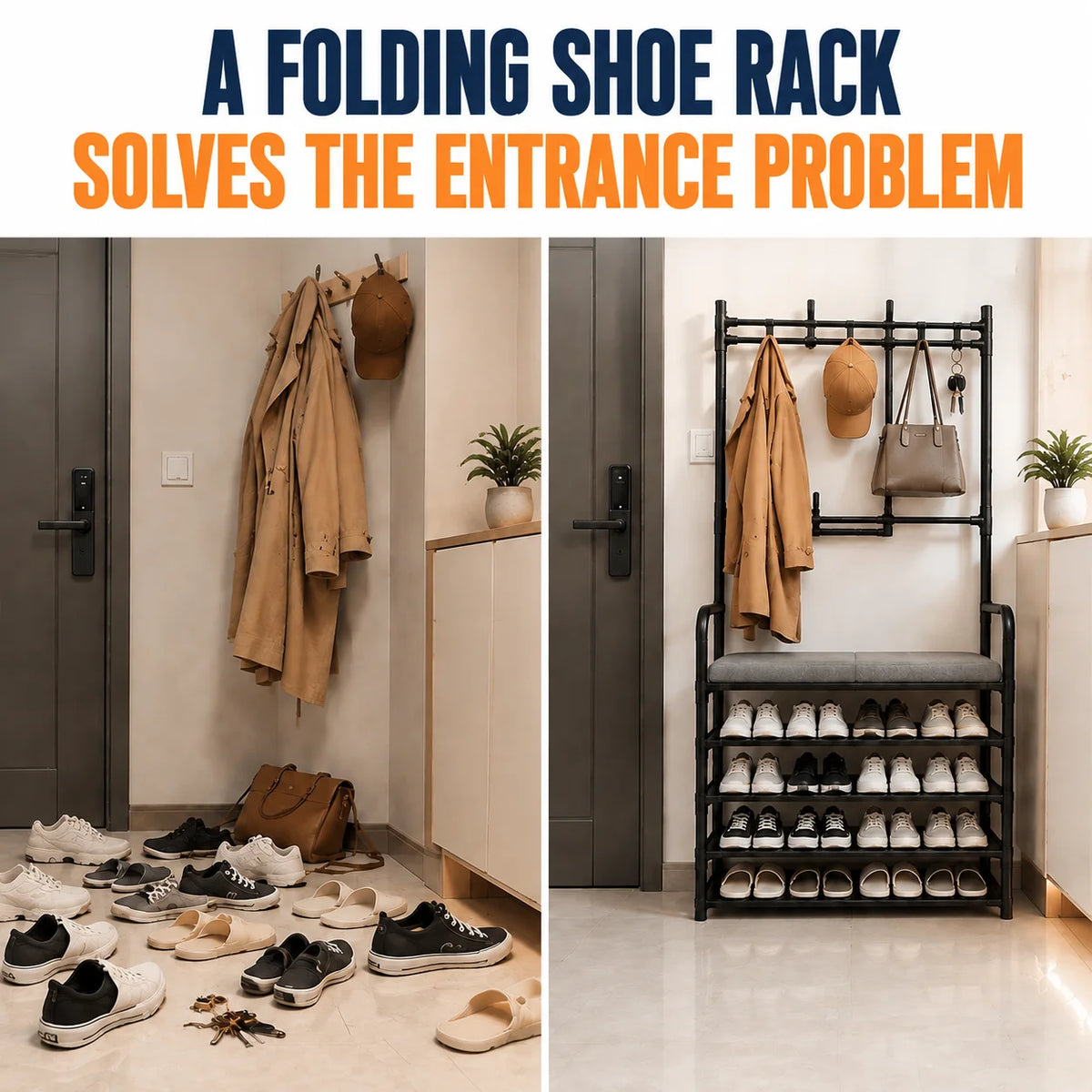 Folding Shoe Rack with Coat Rack, 4-in-1 Entryway Organizer with Storage Bench, Multi-Layer Shoe Shelf with Hooks for Clothes Bags Hats, Space Saving Hallway Storage Furniture