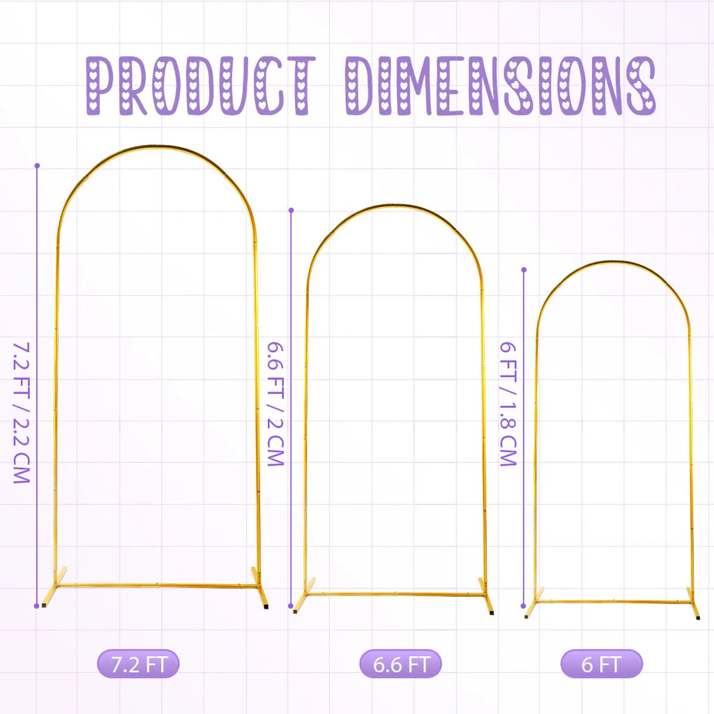 3Pack Golden Metal Arch Kits, Adjustable & Portable Backdrop Stand for Party Wedding Garden Balloon Decor(6FT+6.6FT+7.2FT)