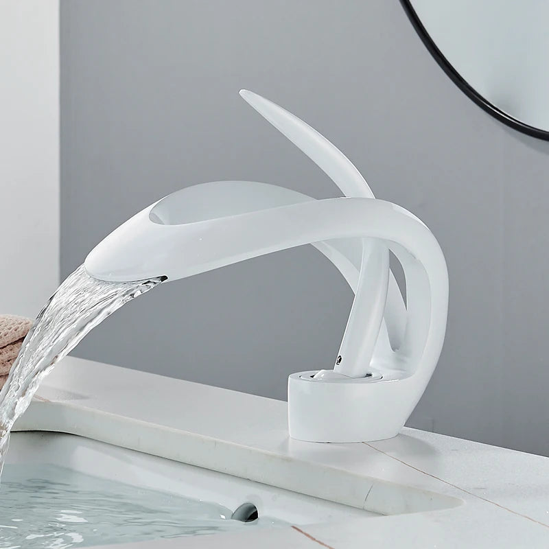 Solid Brass Waterfall Bathroom Sink Faucet, Single Handle Hot and Cold Mixer Tap