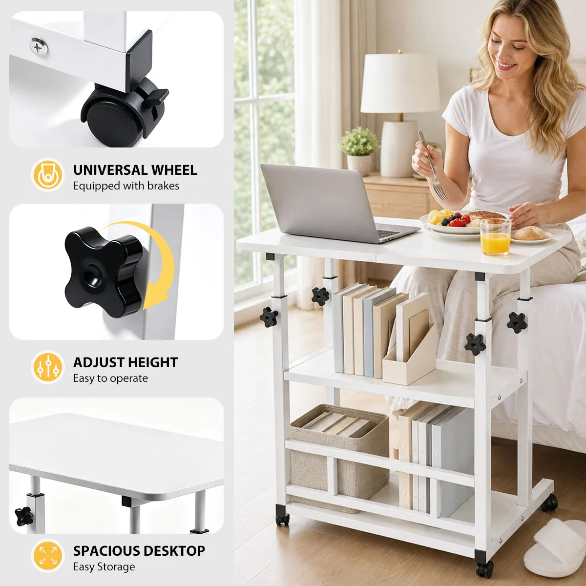 Adjustable Rolling Side Table with 3-Tier Storage