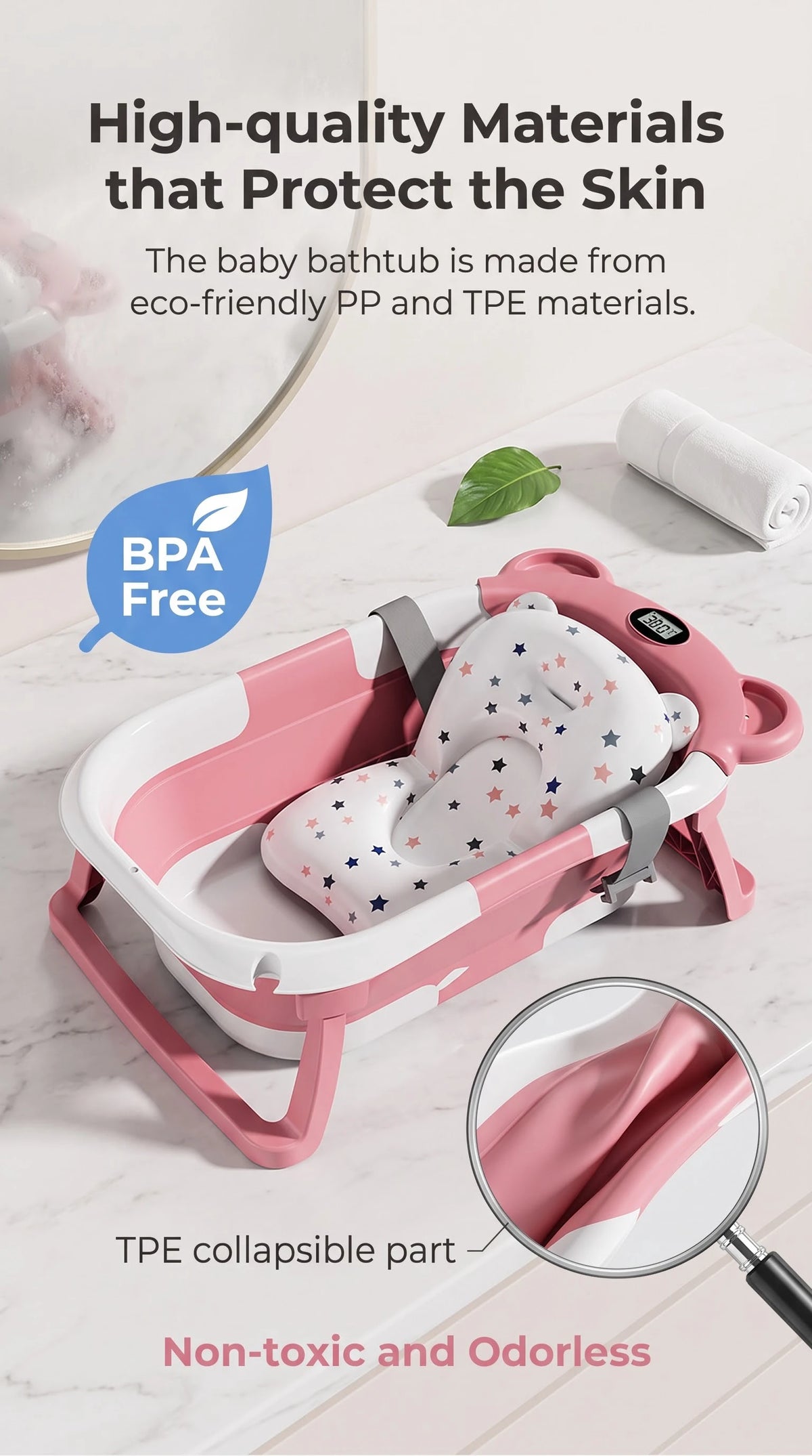 UBRAVOO Foldable Baby Bathtub Set with Temperature Display, Newborn and Infant Tub
