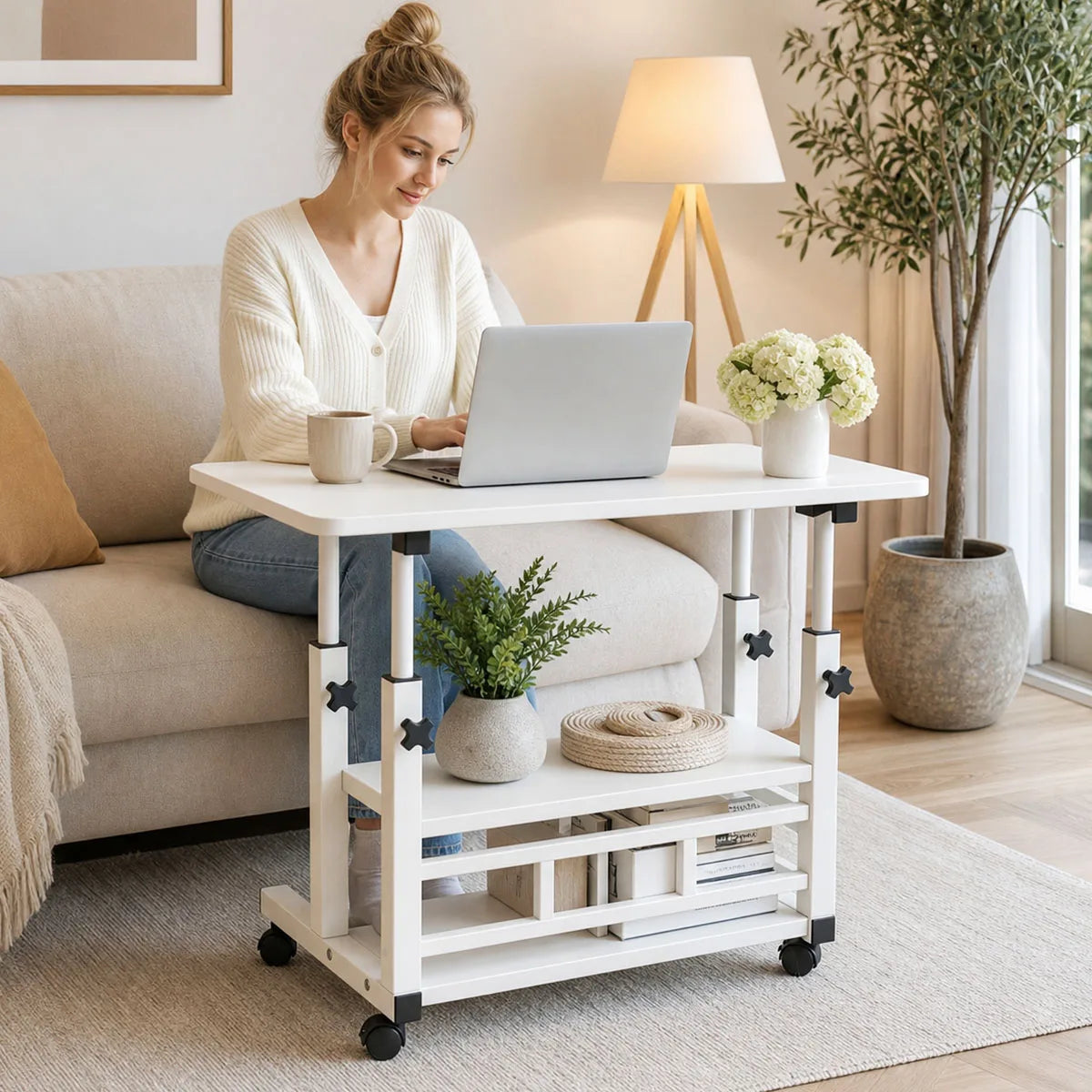Adjustable Rolling Side Table with 3-Tier Storage