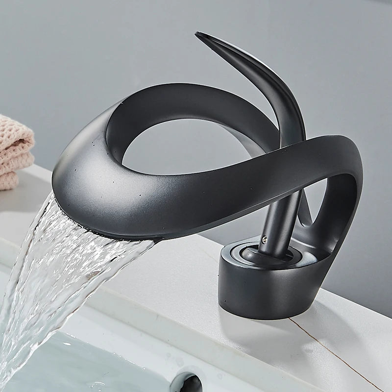 Solid Brass Waterfall Bathroom Sink Faucet, Single Handle Hot and Cold Mixer Tap