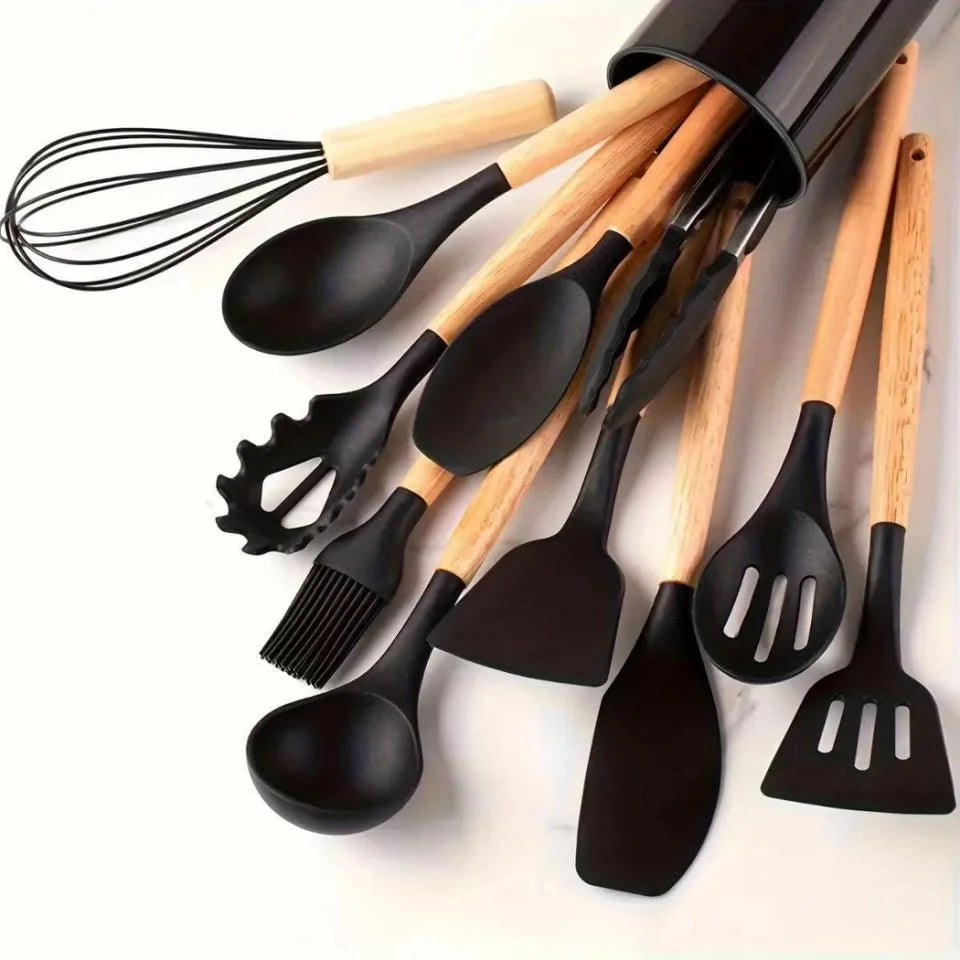 Cream Silicone Cooking Utensils Set with Wooden Handle Heat Resistant Kitchen Tool Set for Nonstick Cookware Best 2026
