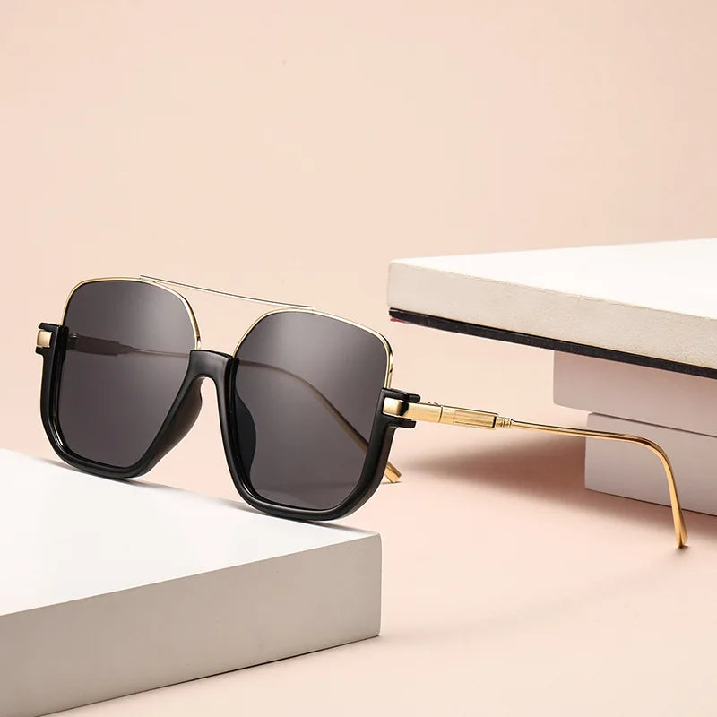 Unisex Half-Frame Double Bridge Sunglasses UV400, Fashion Metal Sunnies