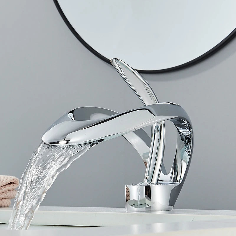 Solid Brass Waterfall Bathroom Sink Faucet, Single Handle Hot and Cold Mixer Tap