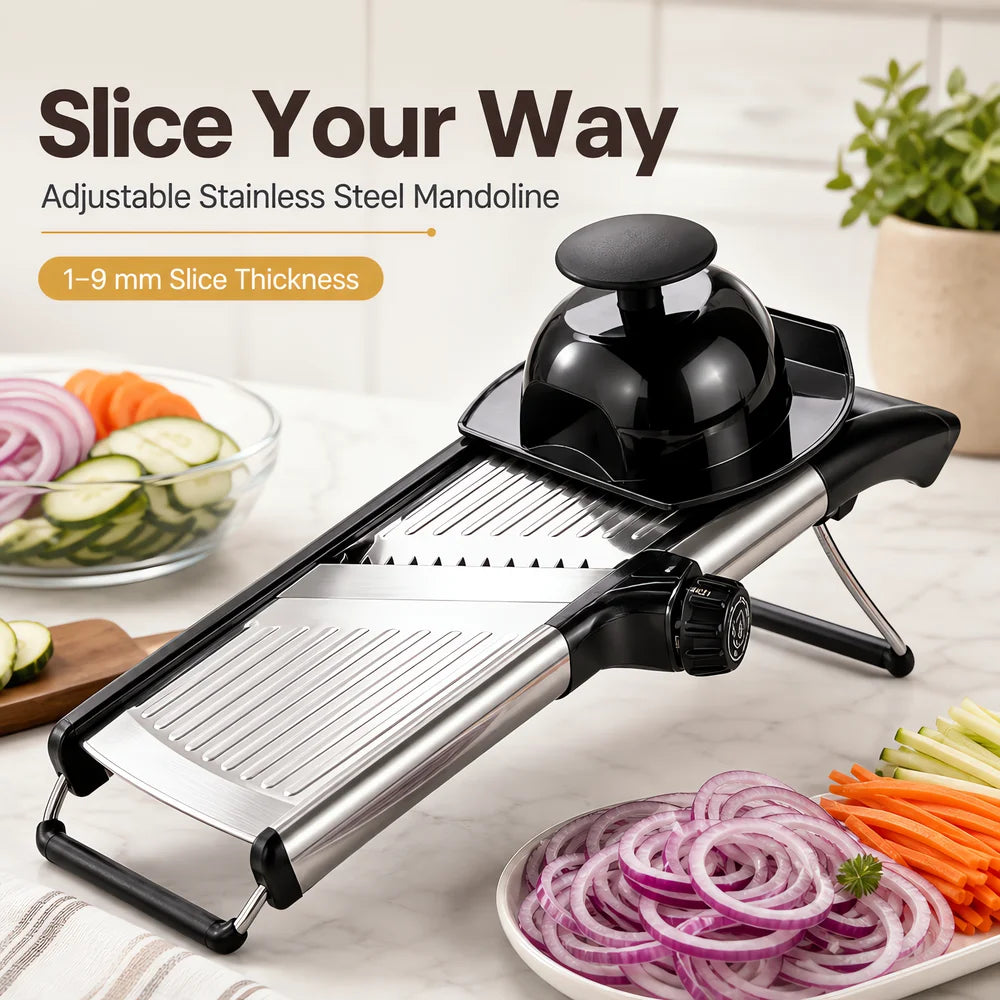 Adjustable Mandoline Slicer with Food Holder, Stainless Steel Kitchen Vegetable Slicer, Julienne Cutter Blade for Home Cooking
