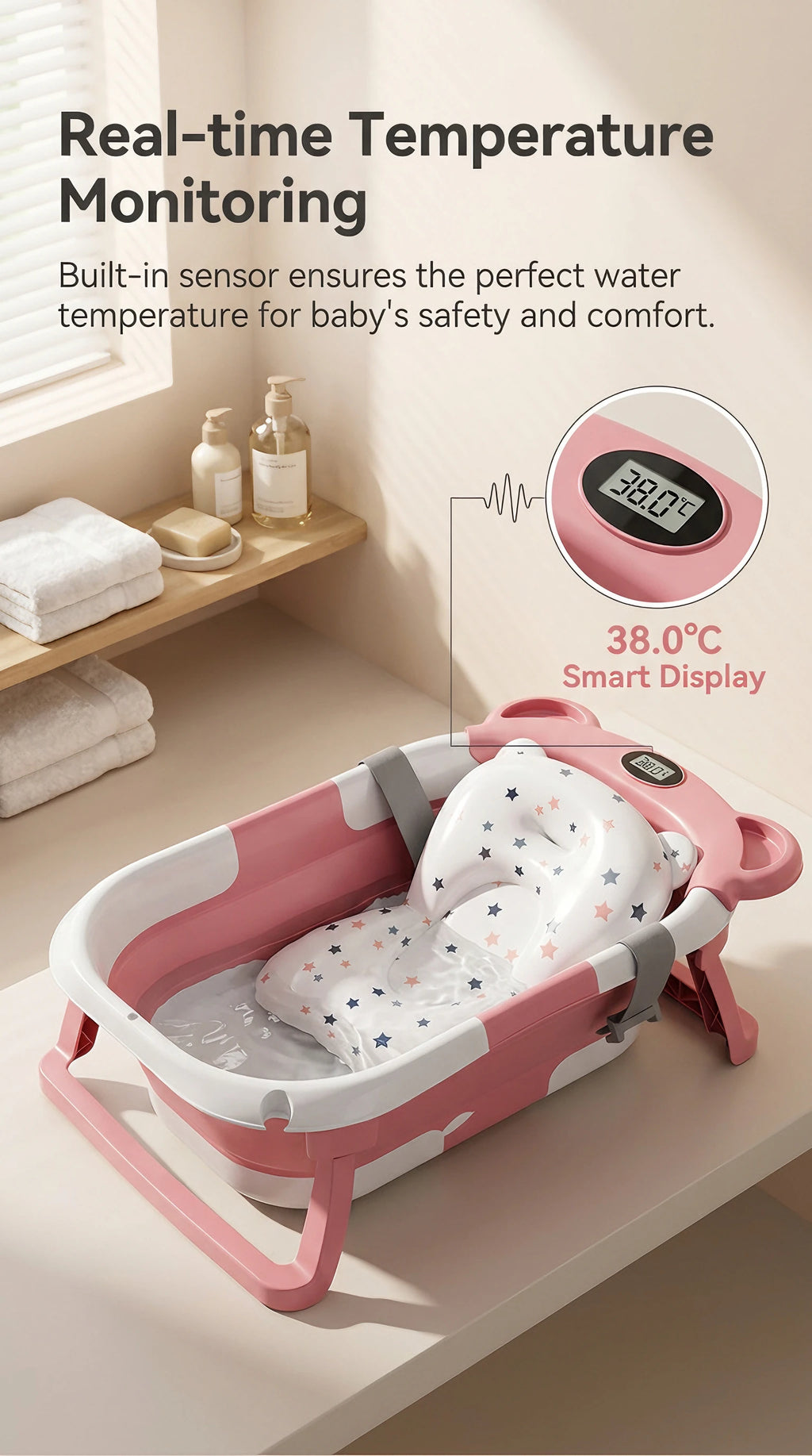 UBRAVOO Foldable Baby Bathtub Set with Temperature Display, Newborn and Infant Tub
