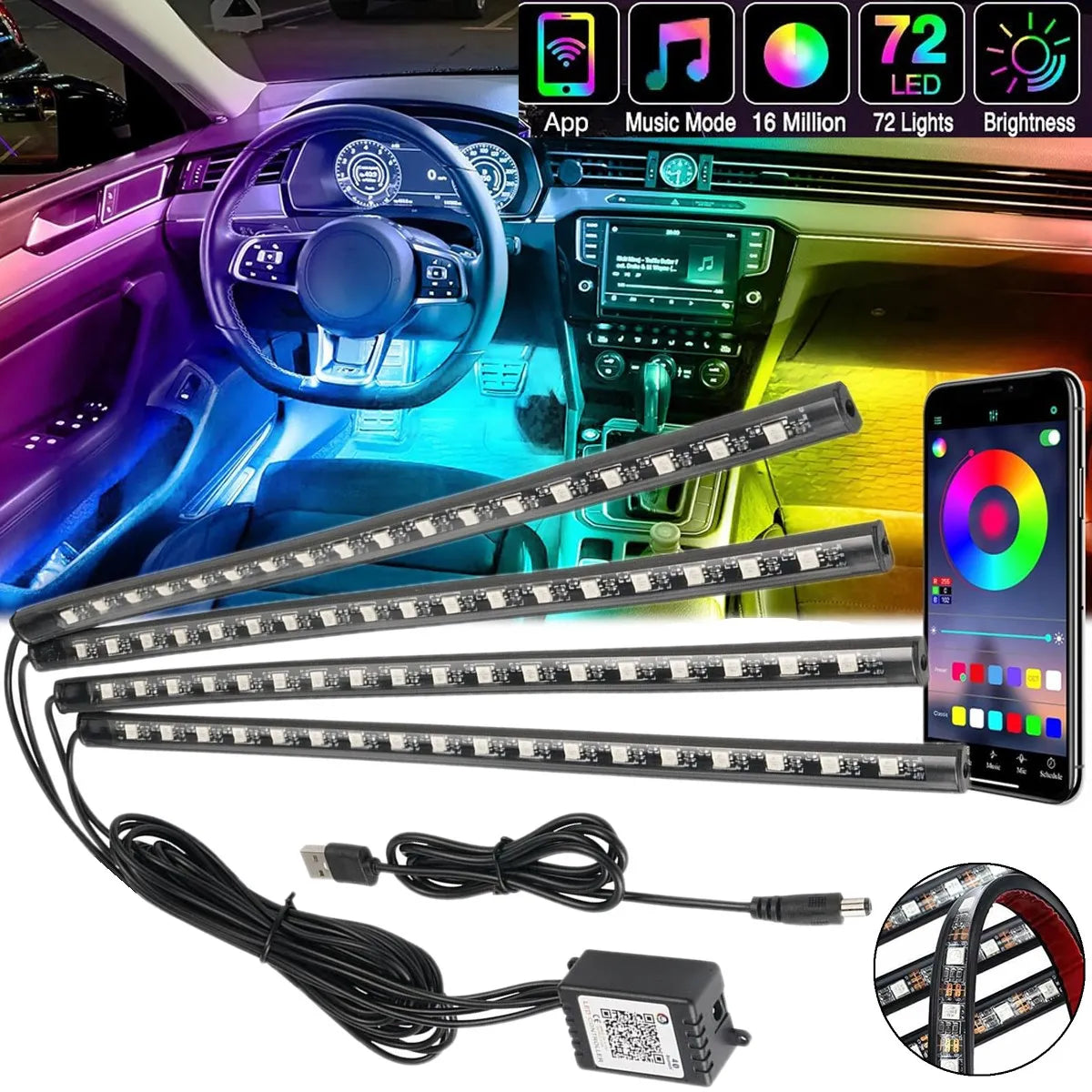 Car Interior LED Ambient Light Strips, 4 Pack, USB