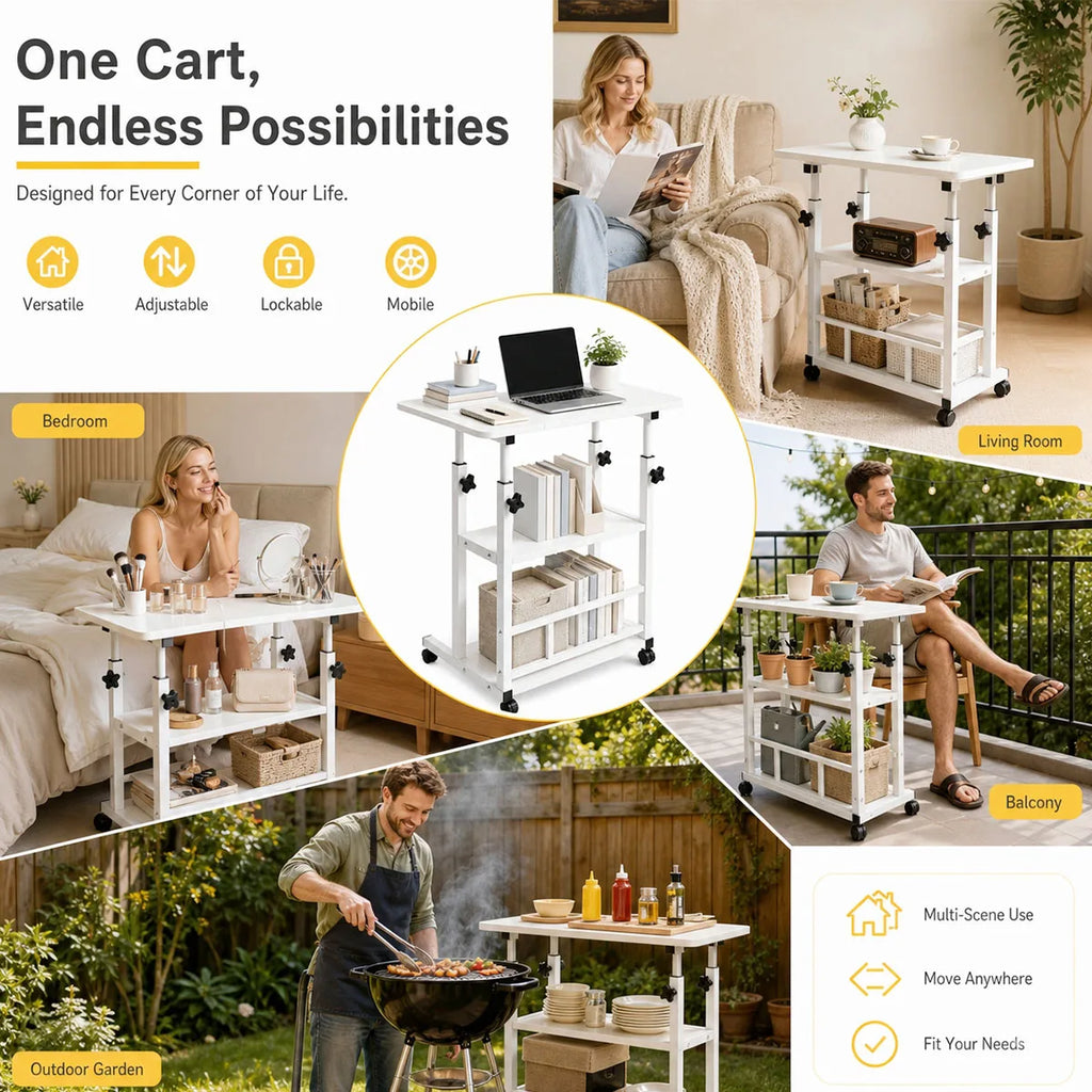 Adjustable Rolling Side Table with 3-Tier Storage