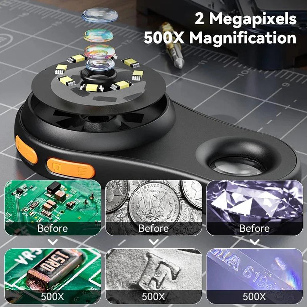 500X Digital Microscope with 2-Inch IPS Screen and 8 LED Lights, Rechargeable