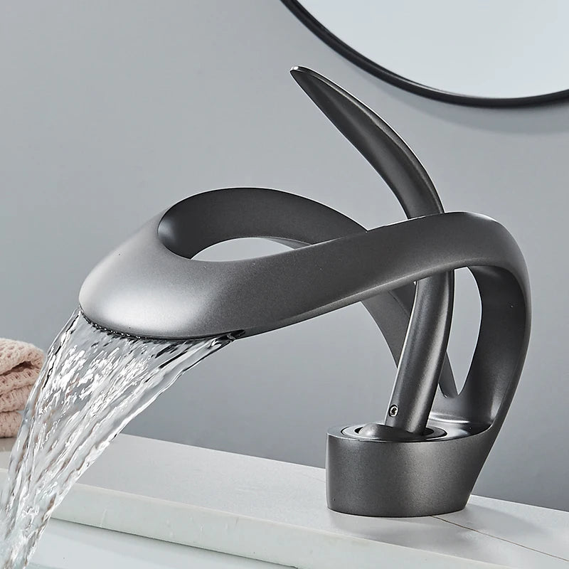 Solid Brass Waterfall Bathroom Sink Faucet, Single Handle Hot and Cold Mixer Tap