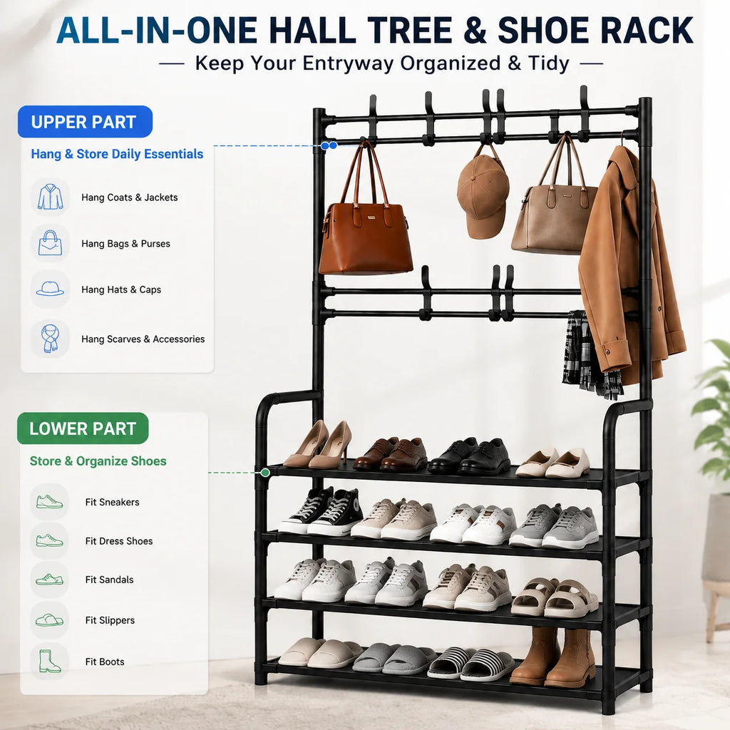 Folding Shoe Rack with Coat Rack, 4-in-1 Entryway Organizer with Storage Bench, Multi-Layer Shoe Shelf with Hooks for Clothes Bags Hats, Space Saving Hallway Storage Furniture