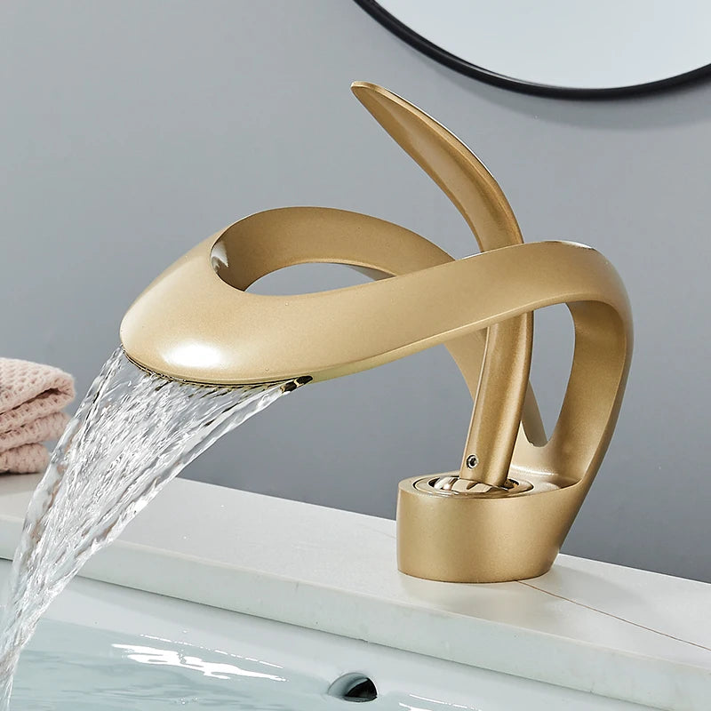 Solid Brass Waterfall Bathroom Sink Faucet, Single Handle Hot and Cold Mixer Tap