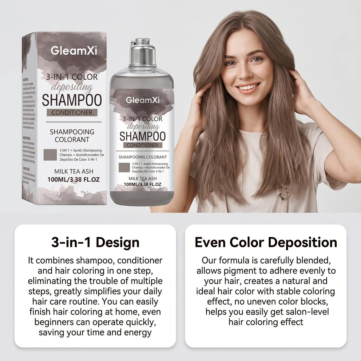 3 in 1 Hair Dye Shampoo for Gray Coverage Natural Herbal Ingredients Milk Tea Ash Brown Long-Lasting Color Deep Nourishing Cleaning Semi-Permanent Hair Color Shampoo