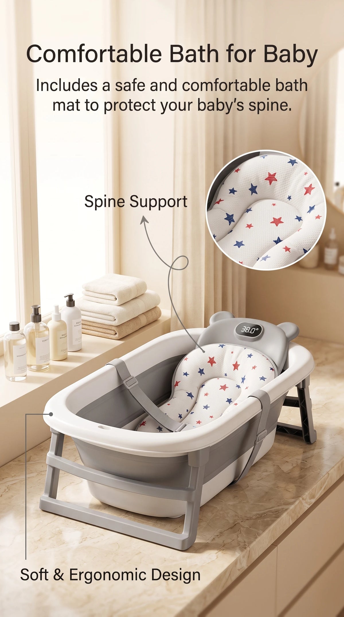 UBRAVOO Foldable Baby Bathtub Set with Temperature Display, Newborn and Infant Tub