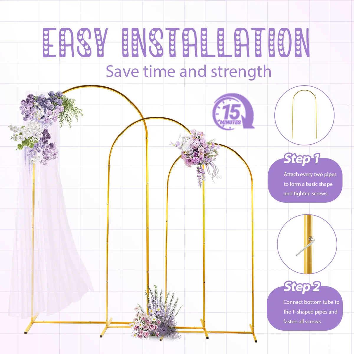 3Pack Golden Metal Arch Kits, Adjustable & Portable Backdrop Stand for Party Wedding Garden Balloon Decor(6FT+6.6FT+7.2FT)