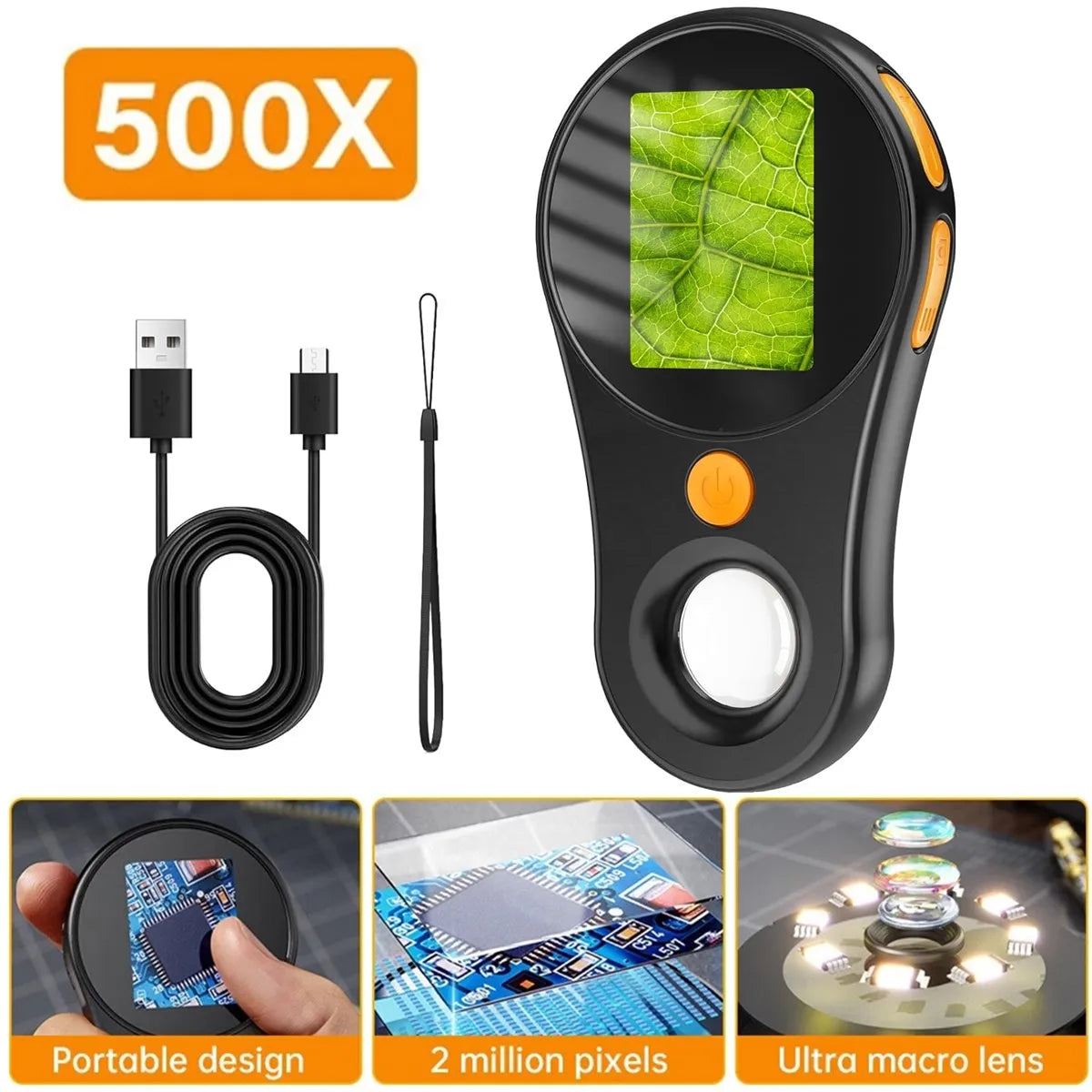 500X Digital Microscope with 2-Inch IPS Screen and 8 LED Lights, Rechargeable