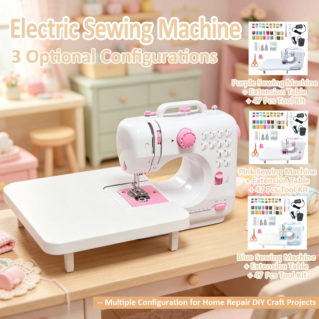 Portable Mini Electric Sewing Machine for Household Use, 47 PCS Complete Sewing Tool Kit with Widened Extension Table, 12 Built-in Stitch Patterns, Foot Pedal Control & Built-in LED Light,