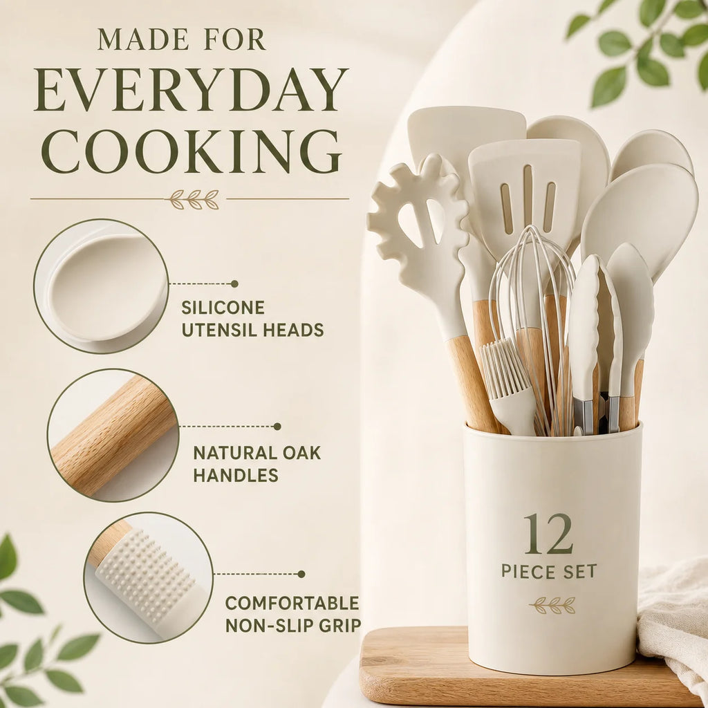 Cream Silicone Cooking Utensils Set with Wooden Handle Heat Resistant Kitchen Tool Set for Nonstick Cookware Best 2026